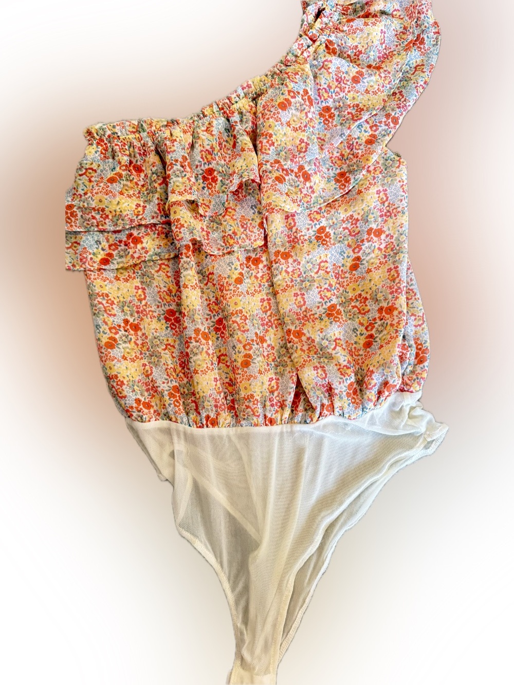 Promesa 1-Shoulder Floral Ruffle Bodysuit in Orange/Cream from South Moon Under